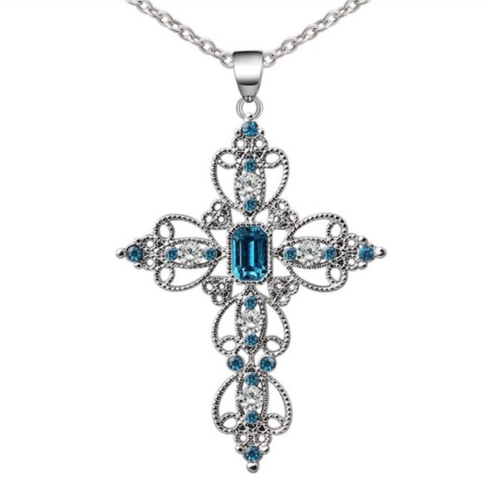 Silver and Blue Stainless Steel Cross Necklace